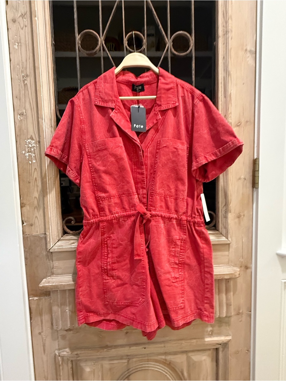NWT- Fate Red Short-Sleeve Tie-Front Romper